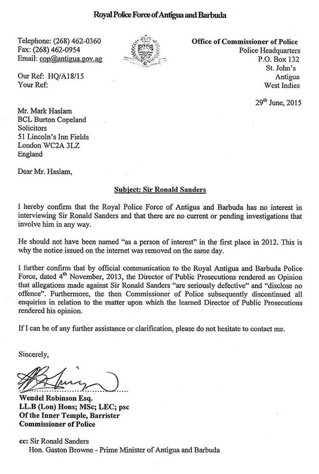 Antigua Police Letter